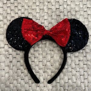 Sequin Minnie Mouse Ears Headband with Red Bow